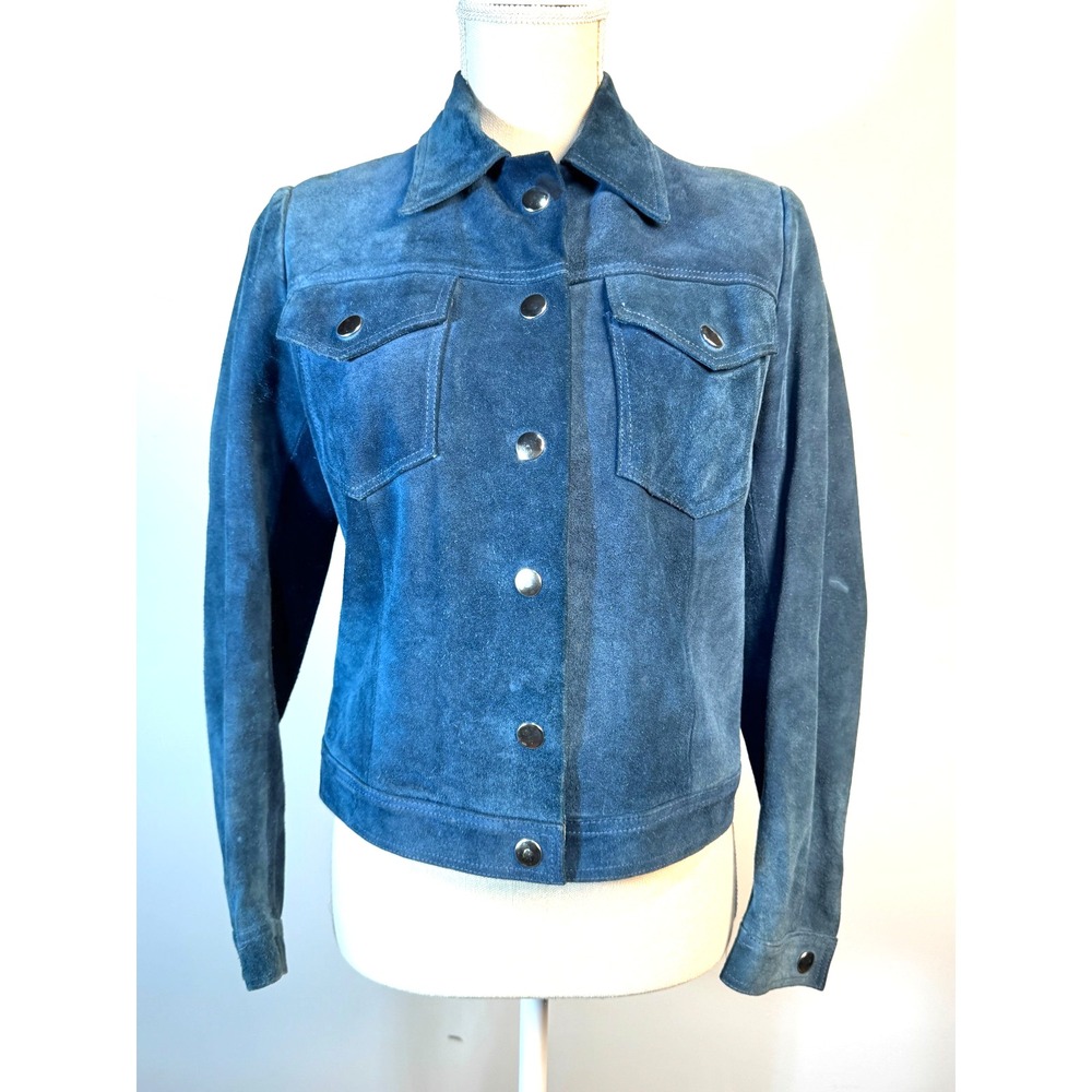 Blue Suede Trucker Jacket Women's Snap Front‎ Cropped Western Style